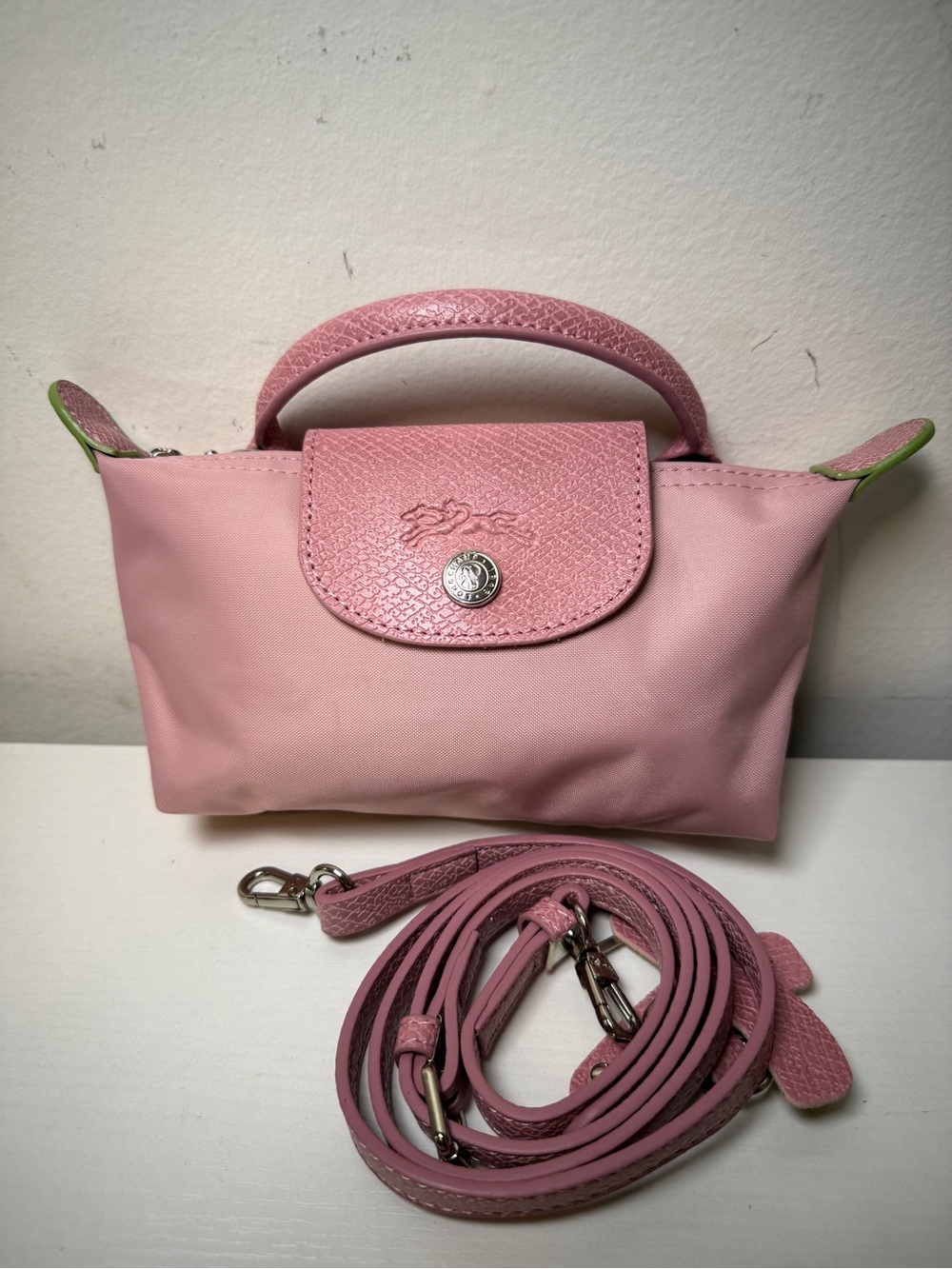 Longchamp Pink Mini Top-Handle Crossbody Bag with Green Trim